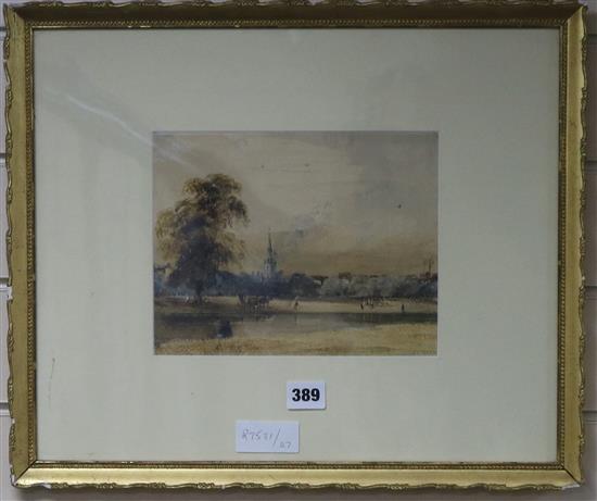 Early 19th century English School, watercolour, river landscape with a church behind, 18 x 23cm